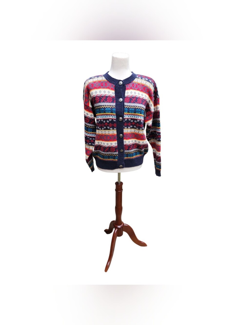 Vintage 90s Nordic Cardigan Sweater Size Medium Fair Isle Grandpacore Cabincore